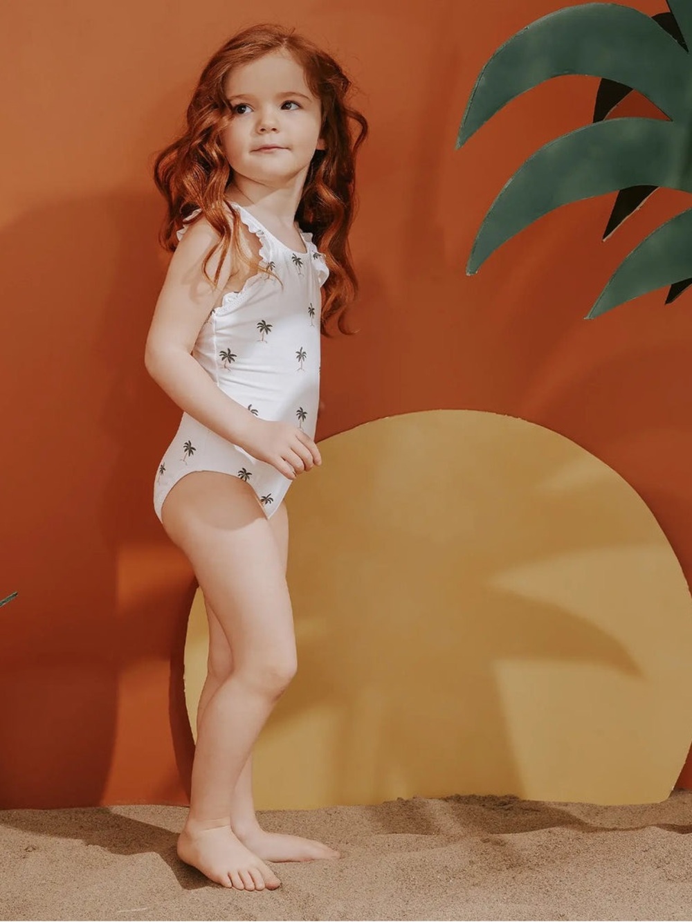 Girls' White One-Piece Swimsuit with Palm Tree Print